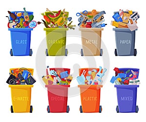Waste Sorting, Set of Trash Cans with Sorted Garbage, Segregation and Separation Rubbish Disposal Refuse Bins Vector
