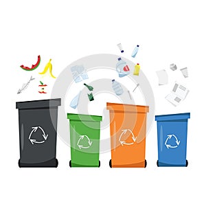 Waste sorting, Sorting waste for recycling, garbage sorting, recycling bins. Different types of garbage: paper, plastics, glass,