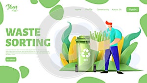 Waste sorting web page template.Man holding box filled with unsorted glass bottles. Male character separating trash.
