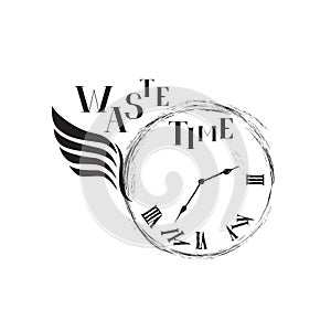 Waste time concept. Doodle retro watch dial with wing