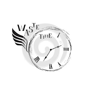 Waste time sign concept. Retro watch dial with with wing, damaged numbers