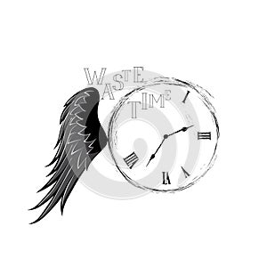 Waste time sign concept. watch dial with wing, damaged numbers