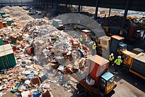 waste-to-energy garbage recycling plant factory showing process of sorting and waste management.