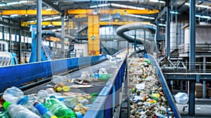 a waste treatment plant, showcasing a bustling glitch belt system for glass, metal, and paper recycling in an industrial