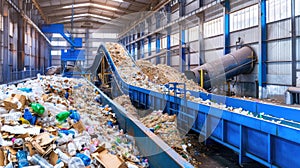 a waste treatment plant, showcasing a bustling glitch belt system for glass, metal, and paper recycling in an industrial