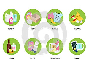 Waste types sorting. Organic, paper, metal, hazardous, textile and other kind of trash symbols. Garbage vector icons