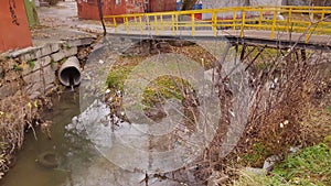 Waste water, pollution and garbage in urban canal.