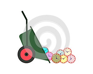 Wasted time concept. Many round mechanical clocks are thrown from the garden wheelbarrow. Vector illustration.