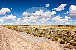 Wasteland, lonelyness dirt road in the desert with clouds