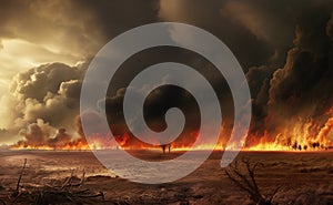 Wasteland with ravaging wildfire, barren land, landscape panorama with flames and smoke beneath a dramatic sky. Generative AI