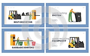 Wastes Recycle Factory Landing Page Template Set. Characters Working on Waste Recycling Plant with Conveyor, Containers