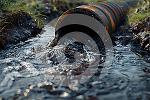 Wastewater pipes from industrial plants which is a large pipe made of metal. The wastewater flowing from the pipe is black and