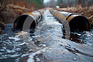 Wastewater pipes from industrial plants which is a large pipe made of metal. The wastewater flowing from the pipe is black and