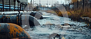 Wastewater pipes from industrial plants which is a large pipe made of metal. The wastewater flowing from the pipe is black and