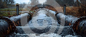 Wastewater pipes from industrial plants which is a large pipe made of metal. The wastewater flowing from the pipe is black and