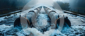 Wastewater pipes from industrial plants which is a large pipe made of metal. The wastewater flowing from the pipe is black and