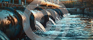 Wastewater pipes from industrial plants which is a large pipe made of metal. The wastewater flowing from the pipe is black and