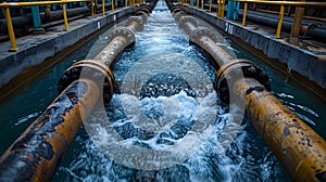 Wastewater pipes from industrial plants which is a large pipe made of metal. The wastewater flowing from the pipe is black and