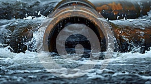 Wastewater pipes from industrial plants which is a large pipe made of metal. The wastewater flowing from the pipe is black and