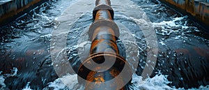 Wastewater pipes from industrial plants which is a large pipe made of metal. The wastewater flowing from the pipe is black and