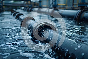 Wastewater pipes from industrial plants which is a large pipe made of metal. The wastewater flowing from the pipe is black and