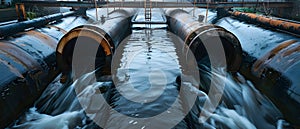 Wastewater pipes from industrial plants which is a large pipe made of metal. The wastewater flowing from the pipe is black and