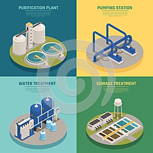 Wastewater Purification Isometric Icons Square