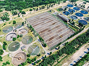 Wastewater and sewage treatment plant, aerial top view from drone