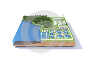 Wastewater treatment plant concept on white background.