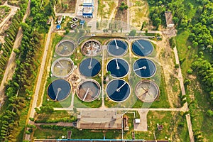 Wastewater treatment plant, filtration of dirty or sewage water, aerial top view