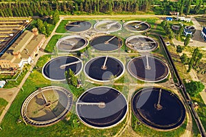 Wastewater treatment plant, round pools for filtration of dirty or sewage water