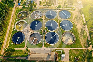 Wastewater treatment plant, round pools for filtration of dirty or sewage water, aerial top view