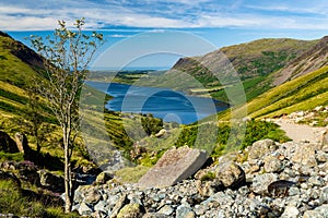 Wastwater viewed from the hiking trail climbing Scafell Pike - England\'s tallest mountain