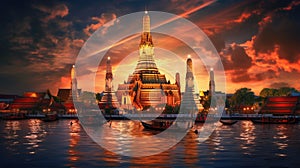 Wat arun in sunset at Bangkok,Thailand. Landmark, Chao Phraya River. Generate Ai