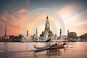 Wat Arun at sunset with long tail boat, in Bangkok, Thailand. Generative AI