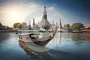 Wat Arun at sunset with long tail boat, in Bangkok, Thailand. Generative AI