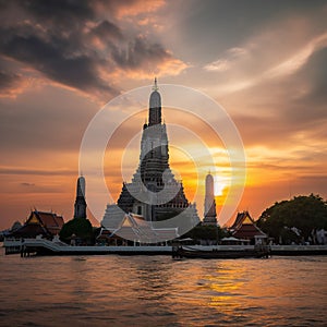 Wat Arun at sunset with long tail boat, in Bangkok, Thailand. Generative AI