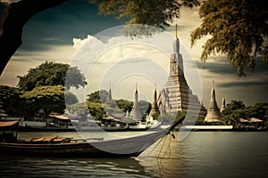 Wat Arun at sunset with long tail boat, in Bangkok, Thailand. Generative AI