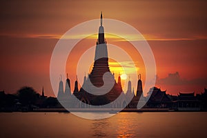 Wat Arun at sunset with long tail boat, in Bangkok, Thailand. Generative AI