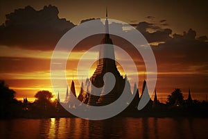 Wat Arun at sunset with long tail boat, in Bangkok, Thailand. Generative AI