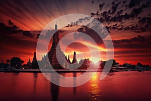 Wat Arun at sunset with long tail boat, in Bangkok, Thailand. Generative AI