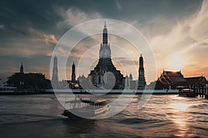 Wat Arun at sunset with long tail boat, in Bangkok, Thailand. Generative AI