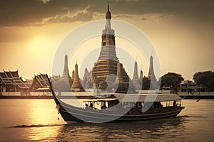 Wat Arun at sunset with long tail boat, in Bangkok, Thailand. Generative AI