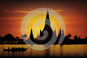 Wat Arun at sunset with long tail boat, in Bangkok, Thailand. Generative AI