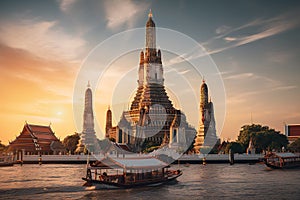 Wat Arun at sunset with long tail boat, in Bangkok, Thailand. Generative AI