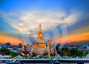 Wat Arun Temple at sunset in bangkok Thailand. Wat Arun is a Buddhist temple in Bangkok Yai district of Bangkok, Thailand, Wat