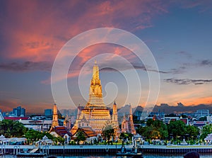 Wat Arun Temple at sunset in bangkok Thailand. Wat Arun is a Buddhist temple in Bangkok Yai district of Bangkok, Thailand, Wat