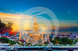 Wat Arun Temple at sunset in bangkok Thailand. Wat Arun is a Buddhist temple in Bangkok Yai district of Bangkok, Thailand, Wat