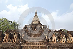 Stairs leading to stupa circumambulation platform surrounded by balusters, Wat Chang Lom, Si Satchanalai Park, Thailand photo