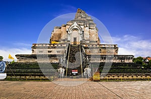 Wat Chedi Luang temple in Chiang Mai with blue sky